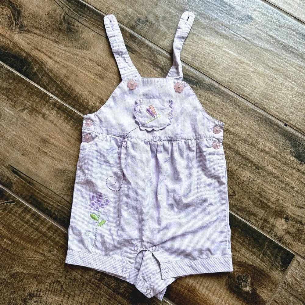 Gymboree Baby Girl 2006 Dragonfly Gingham Ruffle Overalls 2pc Set, Purple, 6-12M - Picture 4 of 13